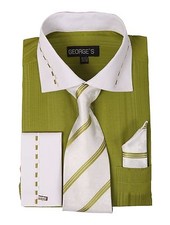 Men's fashion Dress Shirt With Tie Hanky Two Tone Color,French Cuff Olive AH621