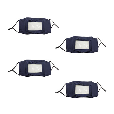 4x Blue Reusable Face Mask W/ Clear Window for Visible Lip Expression