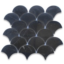 N993XP Nero Marquina Black Marble Fish Scale Fan Shape Mosaic Tile Polished