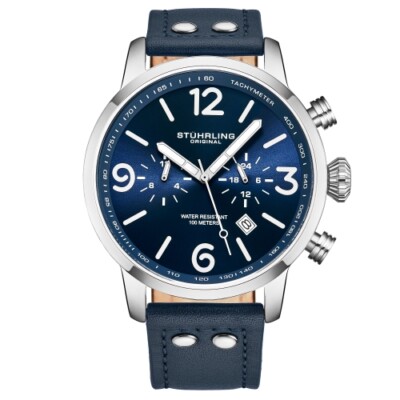 Stuhrling 3956 2 Aviator Chronograph Date Blue Leather Strap Mens Watch