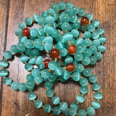 Natural Teal Cat's Eye or Chrysobery w/ Agate Stone Bracelet 9.5mm Beads