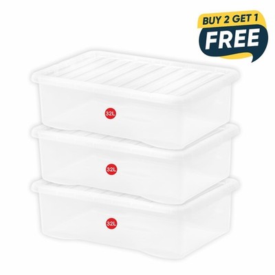 (3er Set) 32 Liter Klar Kristall Kunststoff Aufbewahrungsbox mit Deckel Home Office - UK