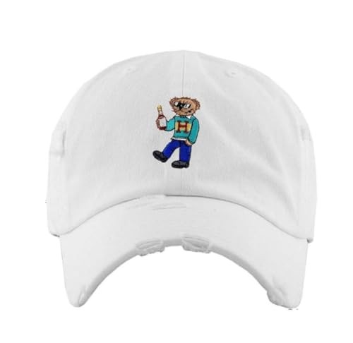 KBETHOS Henny Bear Vintage Distressed 6 Panel Hat White KBSV