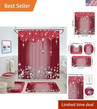 4 Pcs Glitter Diamond Shower Curtain Sets, Burgundy Shiny Drips Bath Decor wi...