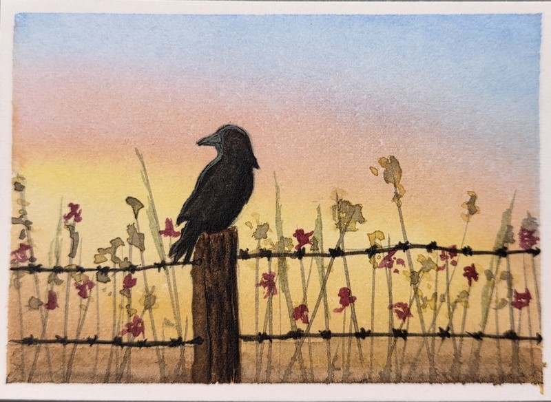 ACEO Original Watercolor "Bird on Fence" Nature Art 2.5x3.5