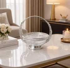 Vintage Crystal Glass Basket Bowl Gold Trim Handle Candy Dish Fruit Serving Bowl
