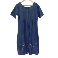 NEW Womens Denim Dress Pintuck Short Sleeve Embroidery Flowers Knee Length Small