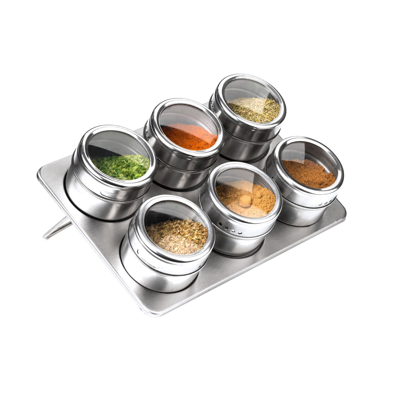 6 Magnetic Spice Herbs Condiments Jars with Rectangular Tray Stainless Steel