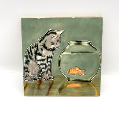 Decorative Ceramic Tile Cat Goldfish Bowl Trivet Sage Green 6'' Square Cork Back