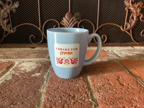 Vintage I Brake For Pyrex Corelle Stoneware Coffee Mug Blue