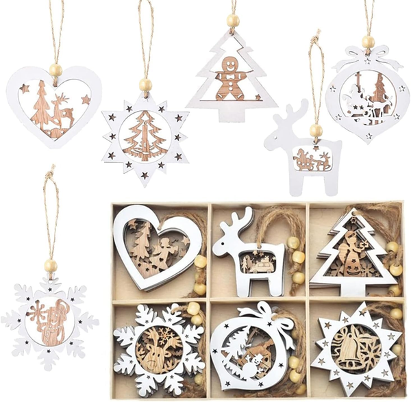 24Pcs HolzanhäNger Weihnachten Weihnachtsbaum Weiß Holz AnhäNger Weihnachten Wei-image