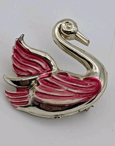 Vintage Enamel On Silver Tone Swan Pin 1 In