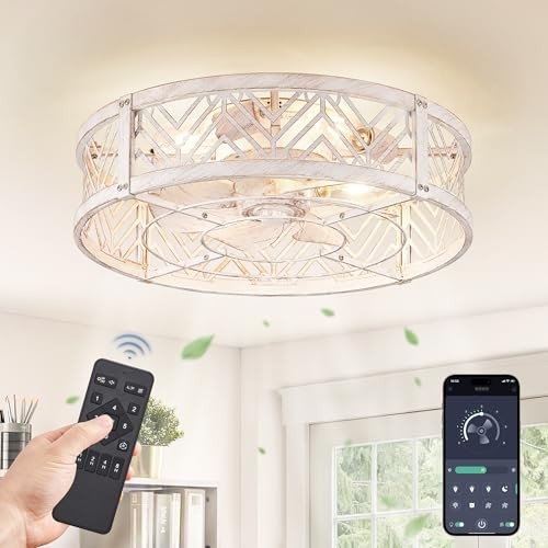20" Caged Ceiling Fan with Light, Small Flush Mount Banded White and Gold - Picture 3 of 8