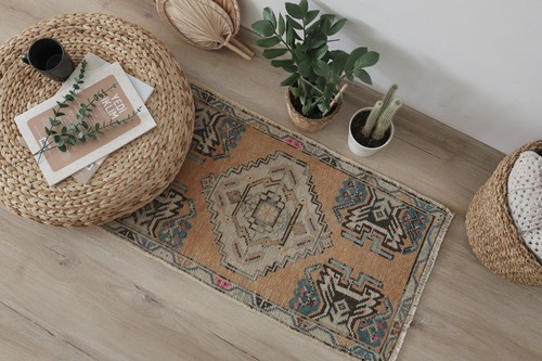 2x3 Vintage Turkish Rug, Wool Door Mat, Hand Knotted Rug,Orange Oushak Rug
