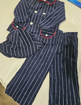 Vtg 70s By Thomas Blue Striped Corduroy 3 Pc Kids Suit Blazer Pants Hat Set 3T