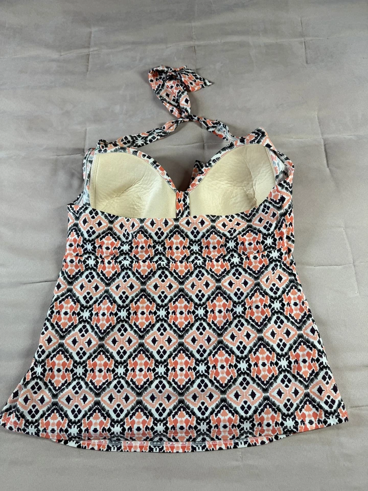 Camiseta Tankini Merona Geométrica Naranja Negra Talla XL Acolchada Playa Verano Halter Foto 3 de 4