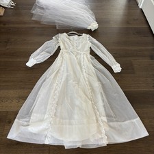 Vintage 1960s Wedding Dress Swiss Dot Organza Floral Button Sleeve with Veil