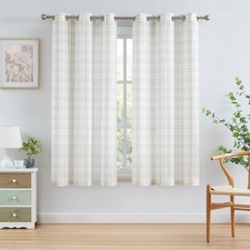 BP 72 Inch Linen White Buffalo Plaid Window Curtain Panels,Woven Tan Stripes on