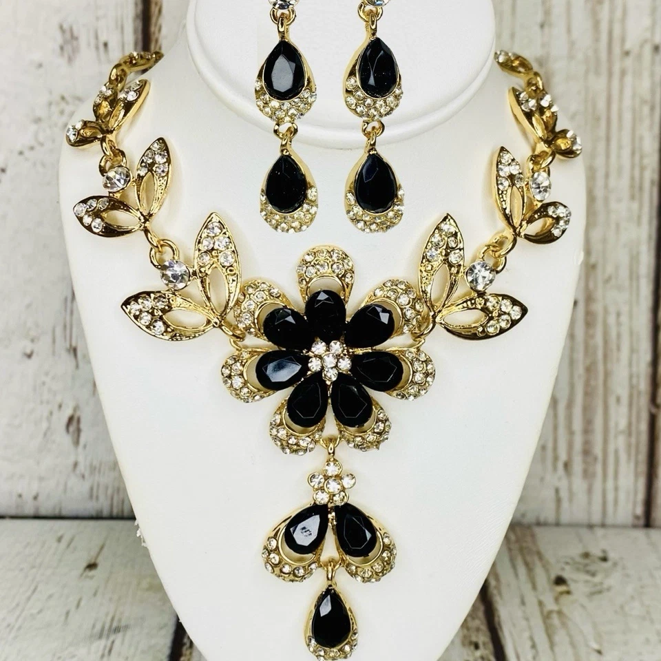 Betsey Johnson черный кристалл ожерелье и серьги комплект цветы подвеской со стразами - Изображение 2 из 4