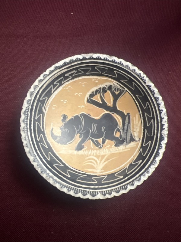 Vintage African Hand Carved & Painted Soapstone Rhinoceros Trinket Dish 