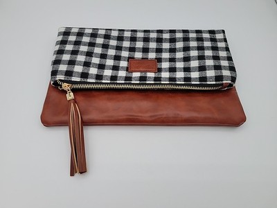 NEW Funky Monkey Black & White Plaid Faux Leather Foldeover Clutch Makeup Bag