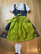 Sportalm dirndl size 36/38 blue/green linen knee length with blouse & silk apron