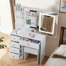 White Vanity Makeup Dressing Table Set w/ Stool 3-Color Dimmable Lighted Mirror