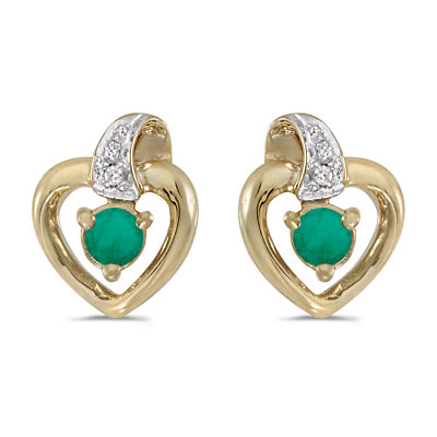 14 Karat Gelbgold runde Smaragd und Diamant Herz Ohrringe