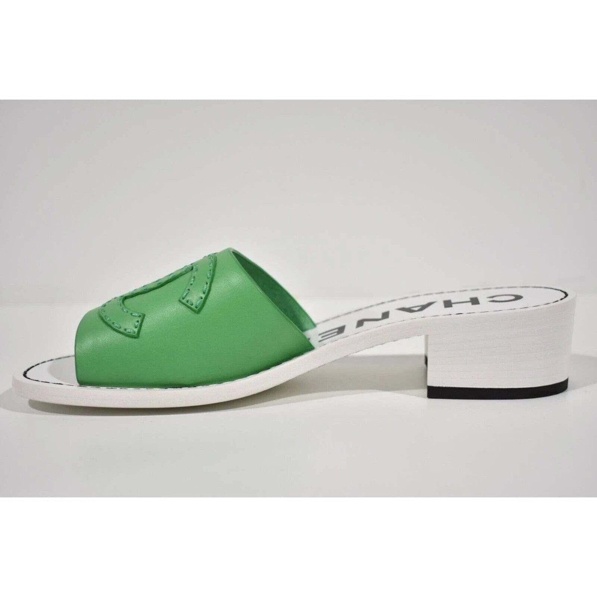 Chanel 22S Green Calfskin Leather White CC Logo Mules Slide Sandal