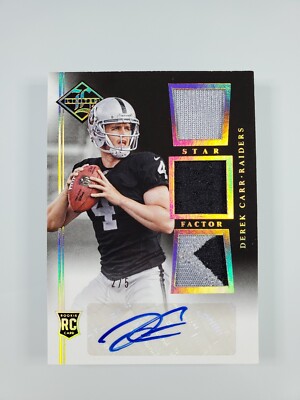 2014 Limited DEREK CARR Triple Patch Auto Rookie Star Factor Gold #RSF-DC /5 RC 