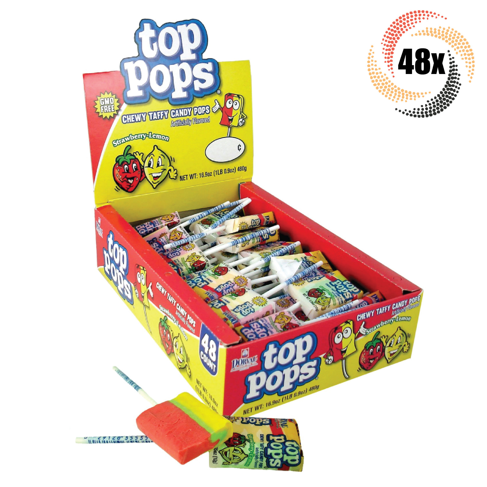 Полная коробка конфет Dorval Top Pops с клубникой и лимонными ирисками, 48 упаковок | 35 унций