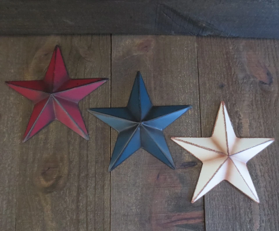 Set of 3 Red White & Blue Primitive 6" Metal Barn Stars Patriotic Americana Flag - Image 2 of 4
