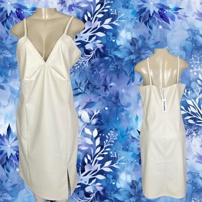 Steve Madden L Bone White Faux Leather V-Neck Slit Side Below Knee Slip  Dress | eBay