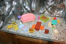 FISHER PRICE AND OTHER DOLL HOUSE FURNITURE COUCH BEDS LAMP LAWN CHAIR GRILL ETC