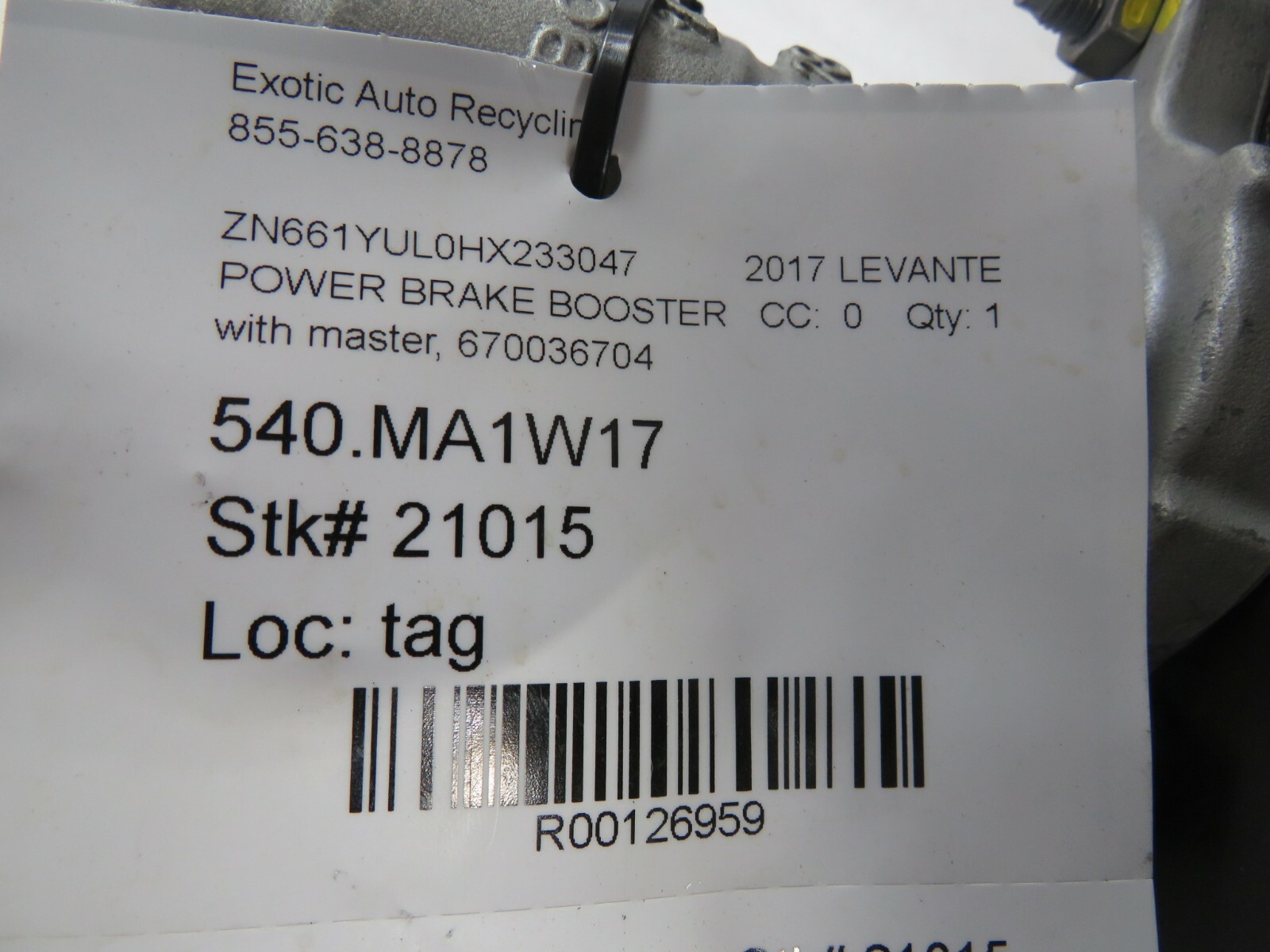 Maserati Levante, Power Brake Booster W/ Master Cylinder, Used, P/N 670036704