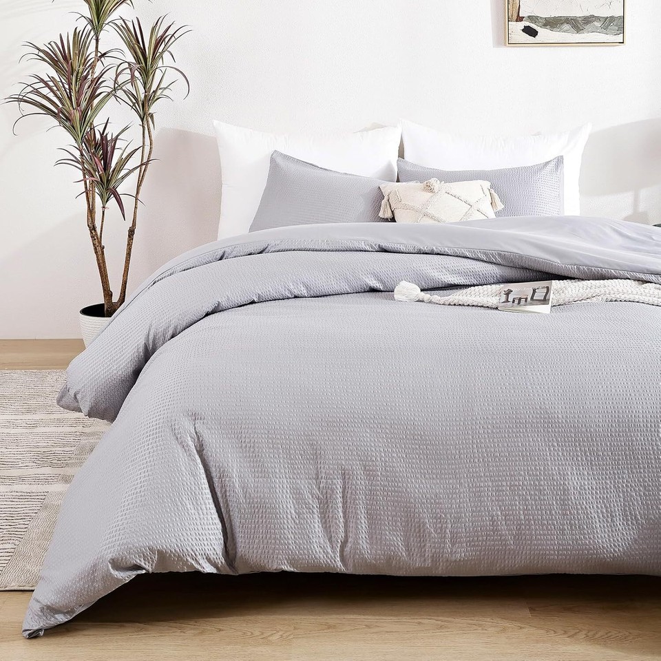 Duvet Cover Queen,Gray Queen Duvet Cover Set,3 Pieces Seersucker