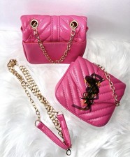 Pink Quilted Shoulder Bag with Gold Chain, Bow Accent, Detachable Strap