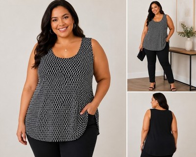 GNW Women's Plus 2X Sleeveless Tunic Tank Top Black White Geometric Print NWT