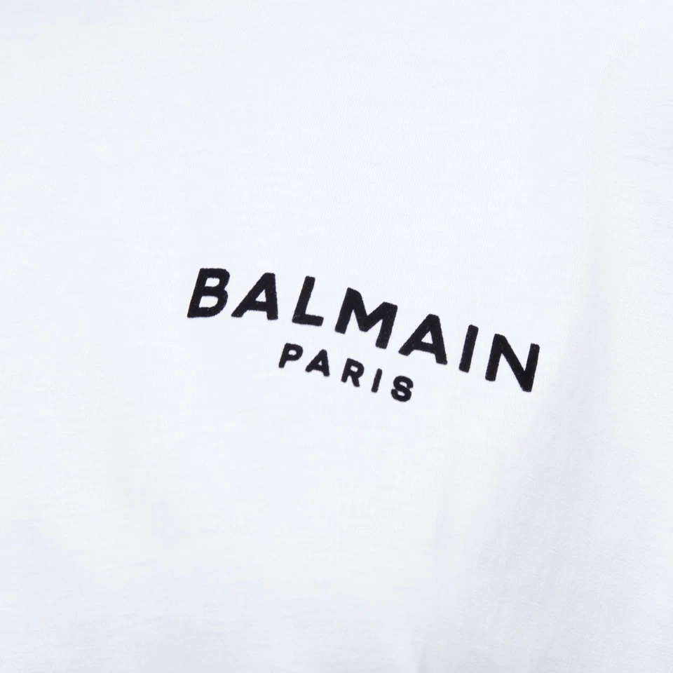 BALMAIN white cotton black logo felt print cap roll sleeve tshirt XS - image 2 of 4