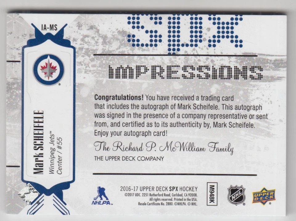 2016-17 SPx Impressions Autographs #IAMS Mark Scheifele Auto /199 - Image 2 of 2