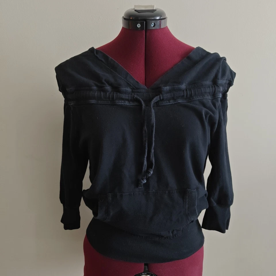 Suéter con capucha para mujer So Low fuera del hombro negro manga 3/4 sudadera con capucha Y2K Foto 2 de 4