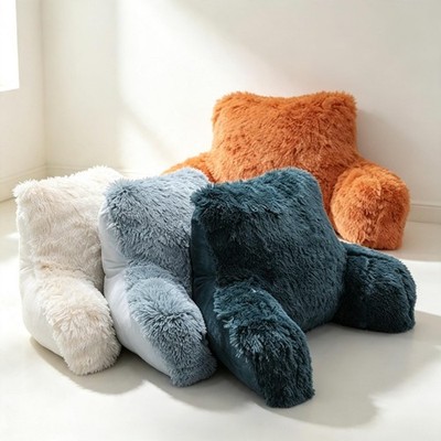 Plush Shaggy Backrest Pillow with Arms   Cozy Bed & Reading Support Cushion Gift