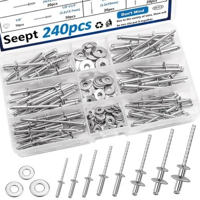 110Pcs Steel Rivets 7-Sizes 304 Stainless Steel Pop Rivets Assortment Kit 1/8'',5