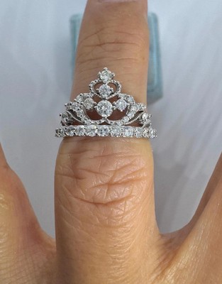 1.50 Ct Round Cut Moissanite Princess Queen Tiara Crown Ring White Gold
