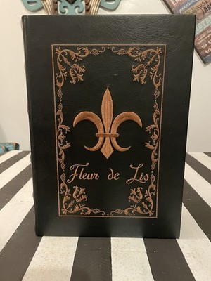 Oversized 15'' Fleur de Lis Book Box - Embroidered Leather & Red Velvet