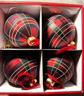 4 Martha Stewart Tartan Plaid 4in. Glass Ball Ornaments Black Red Blue w/Glitter