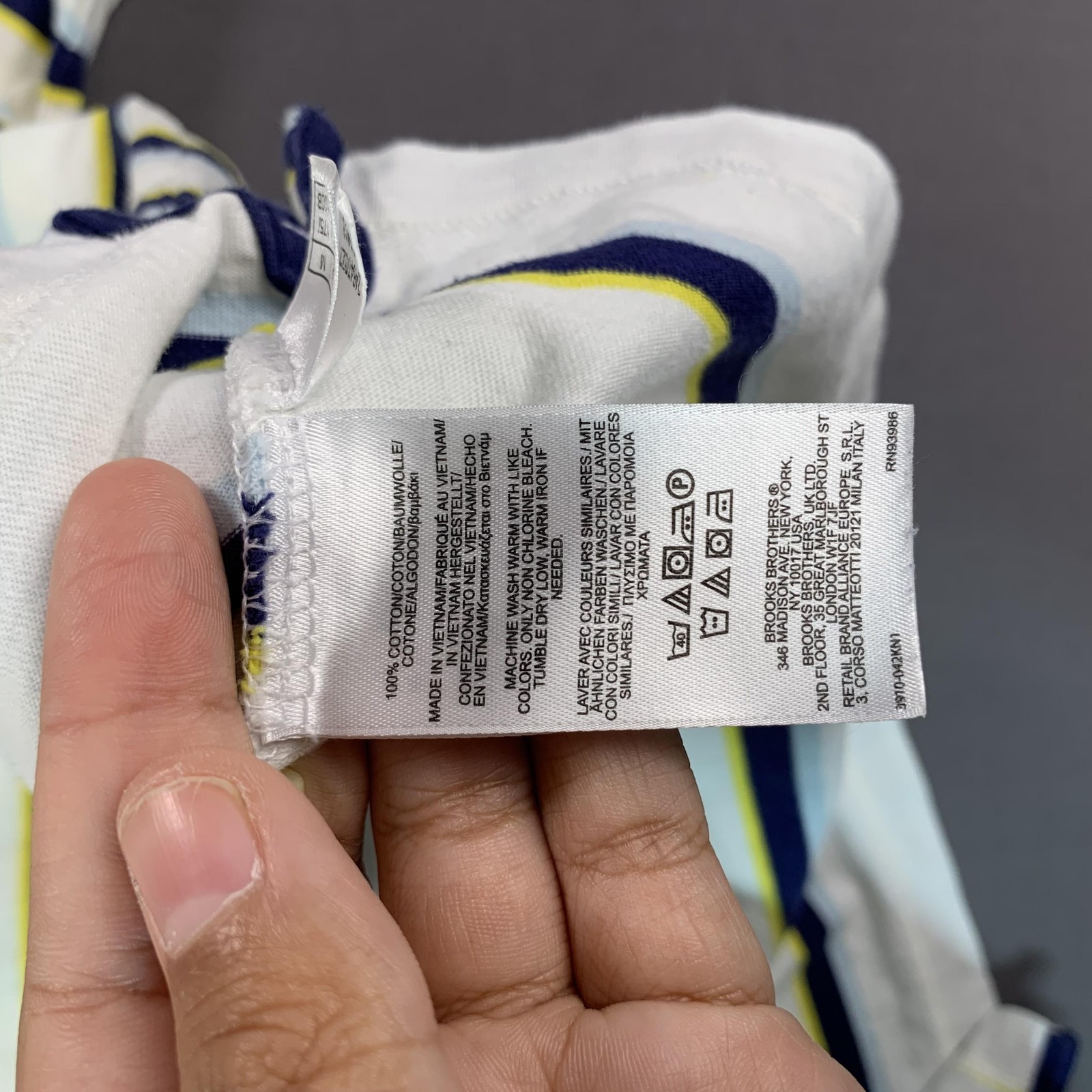 Brooks Brothers 346 Polo Shirt Mens Medium White Navy Yellow Stripe Cotton Logo thumbnail 9