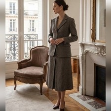 Vtg Halston III Women's Gray Tweed Jacket  Skirt Set Wool Herringbone 12 RARE
