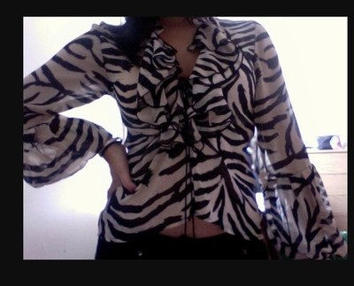 H&M Zebra Print Ruffle Sheer Chiffon V-Neck Balloon Sleeve Blouse US 8