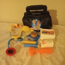 Vintage 1987 Fisher Price Doctor Black Bag Medical Kit - 8 Piece Toy Set